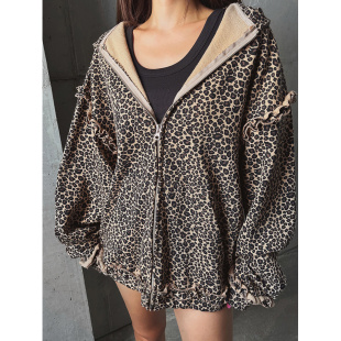 花边拼接连帽拉链外套 girl豹纹宽松长袖 鬼鬼家正品 韩代东大门秋