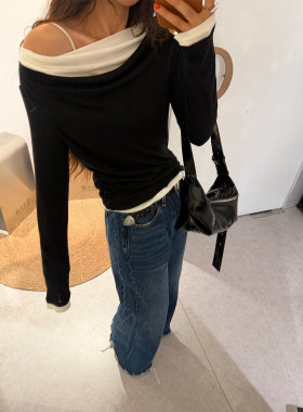 少量现货 韩代东大门秋冬 撞色荡领一字肩修身显瘦长袖上衣T恤女