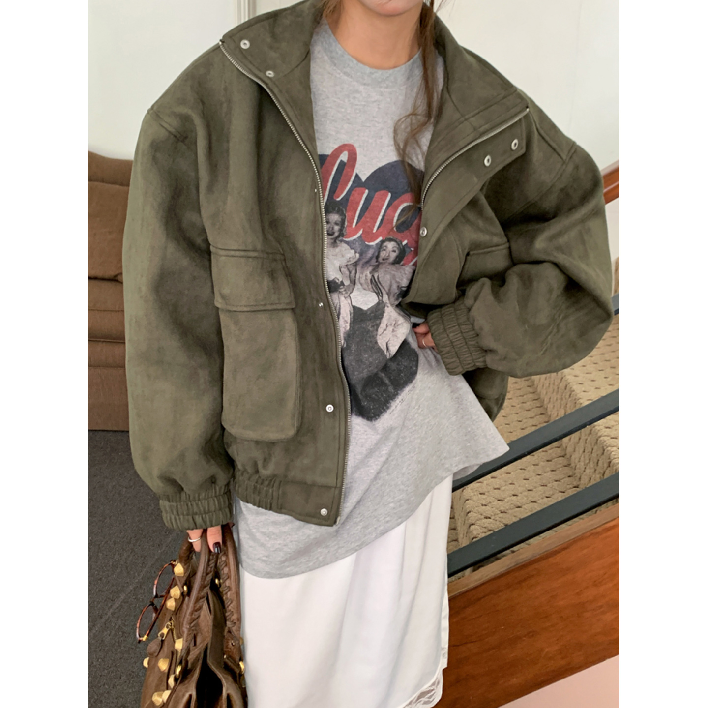 鬼鬼家正品韩代东大门秋冬 帅气工装风大口袋立领休闲宽松短外套