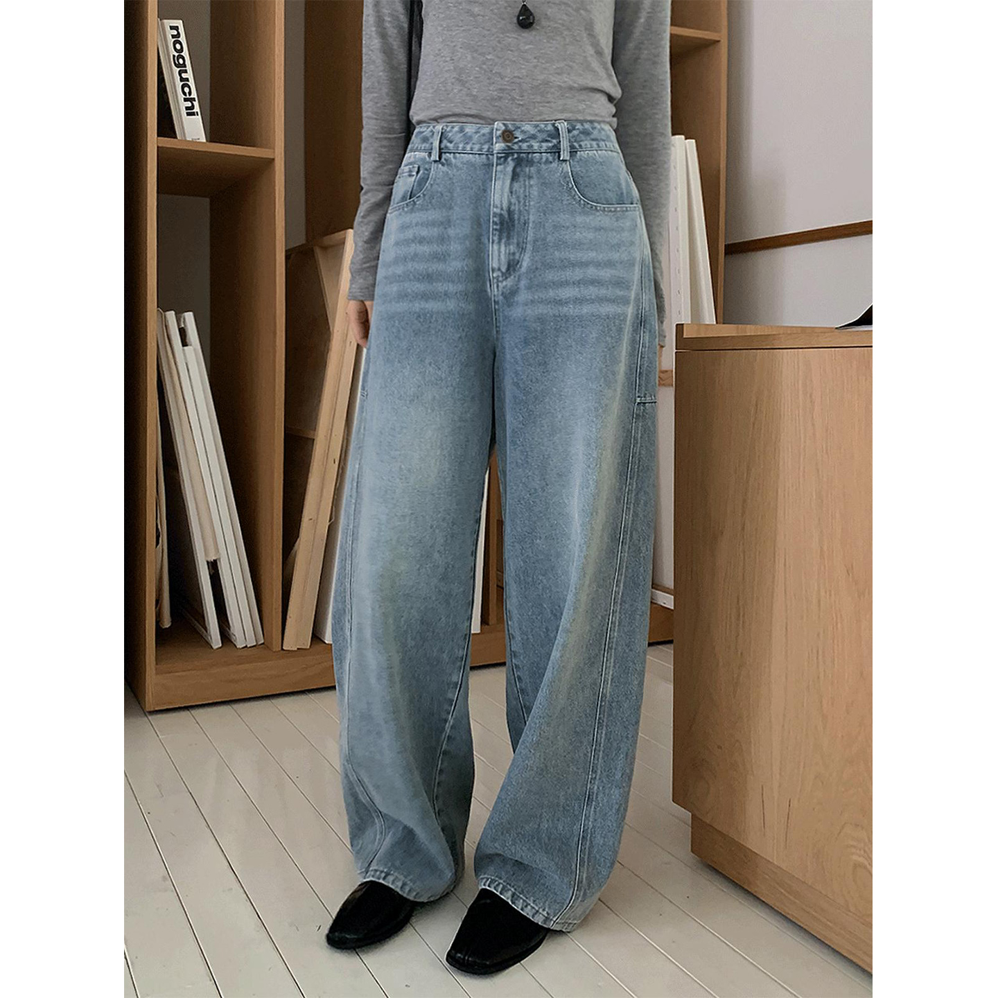 鬼鬼家正品韩代东大门秋冬 水洗磨白复古做旧阔腿牛仔裤休闲长裤