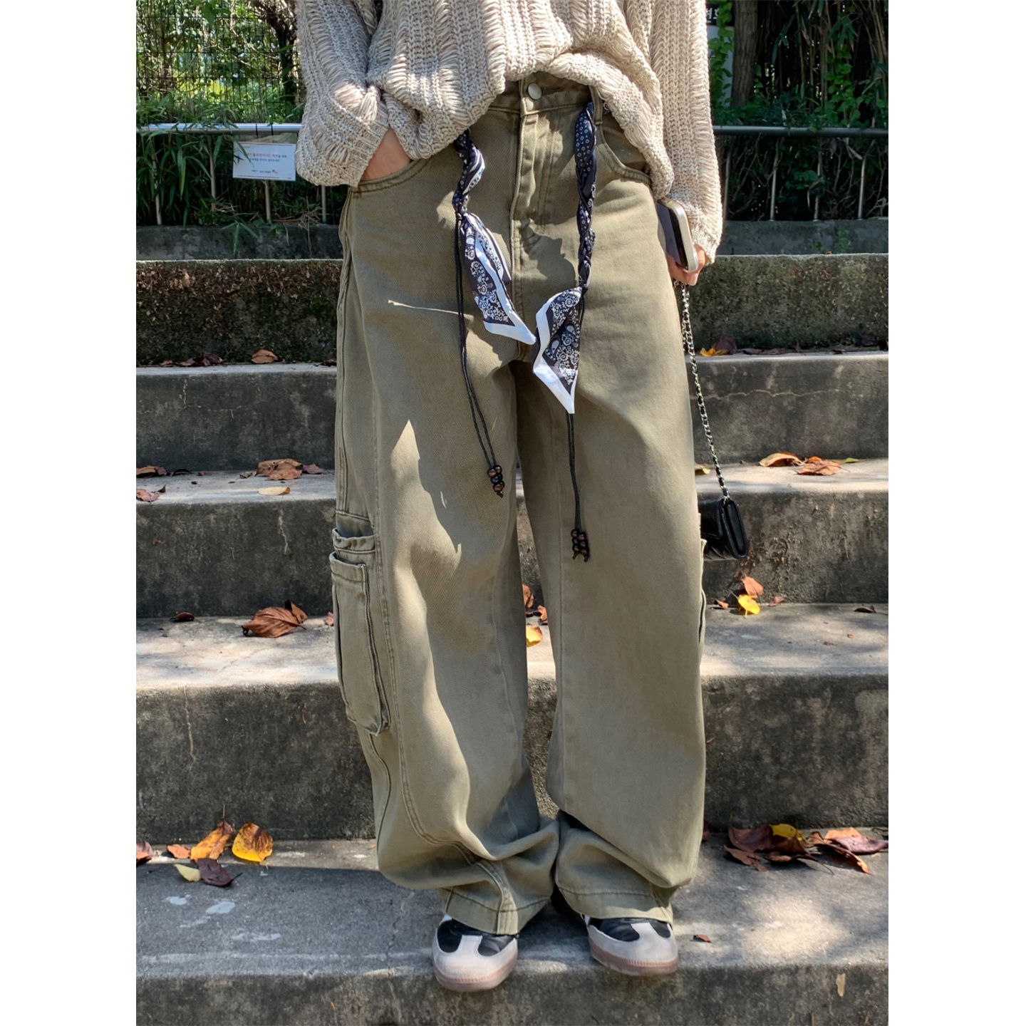 鬼鬼家正品韩代东大门秋冬 工装大口袋高腰显瘦阔腿裤牛仔长裤女