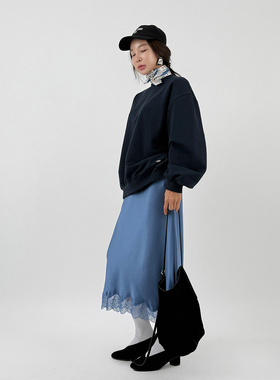 鬼鬼家正品韩代东大门秋冬 nolita优雅天蓝色蕾丝花边拼接半身裙