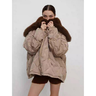 少量现货正品韩代东大门设计感连帽披肩大毛领下摆抽绳鸭绒羽绒服