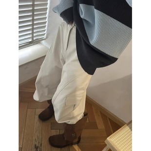 少量现货正品韩代东大门冬 自由廓形裁剪大口袋加绒阔腿工装长裤