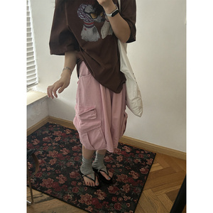 鬼鬼家正品韩代东大门夏 高腰抽绳多口袋阔腿五分显瘦工装短裤女