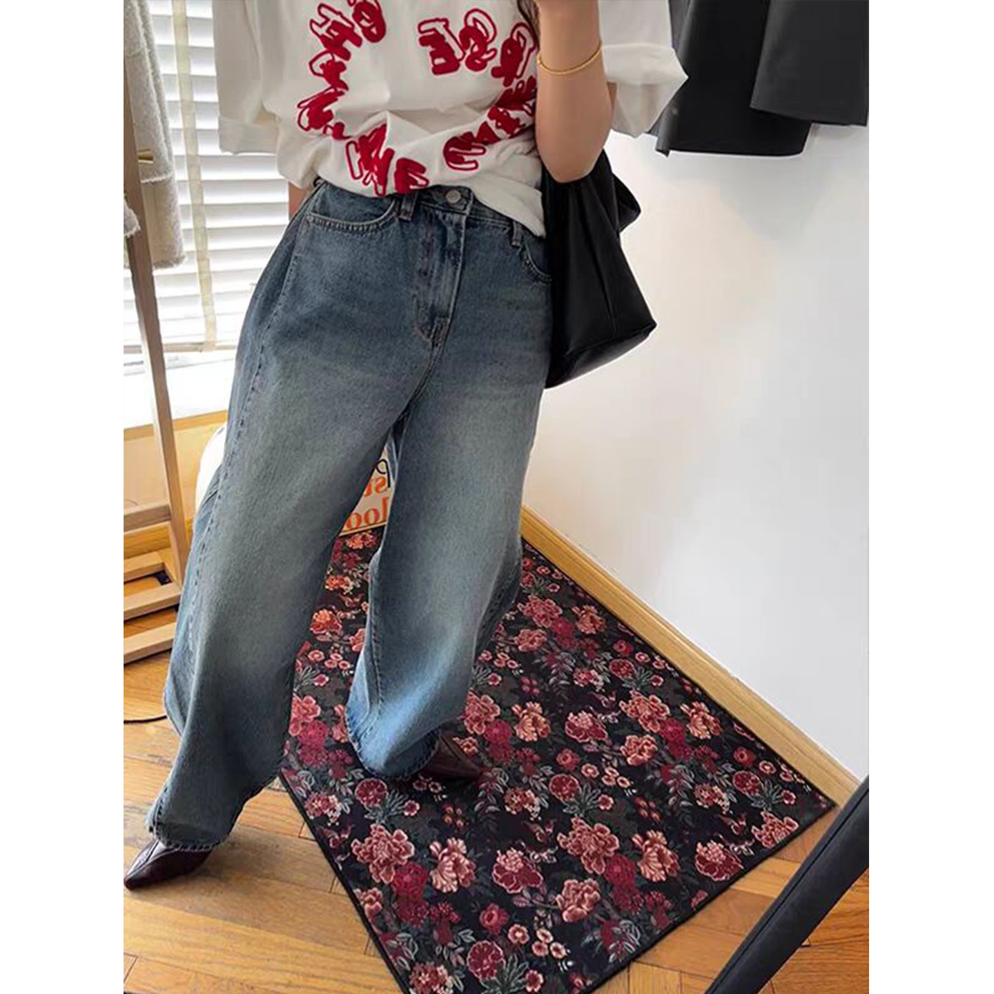 少量现货正品韩代东大门 夏高腰显腿长系扣水洗磨白直筒牛仔长裤