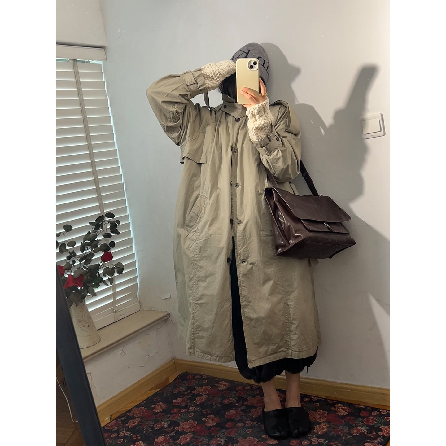 部分现货 韩代东大门冬松弛风休闲气质立领含腰带长款风衣外套