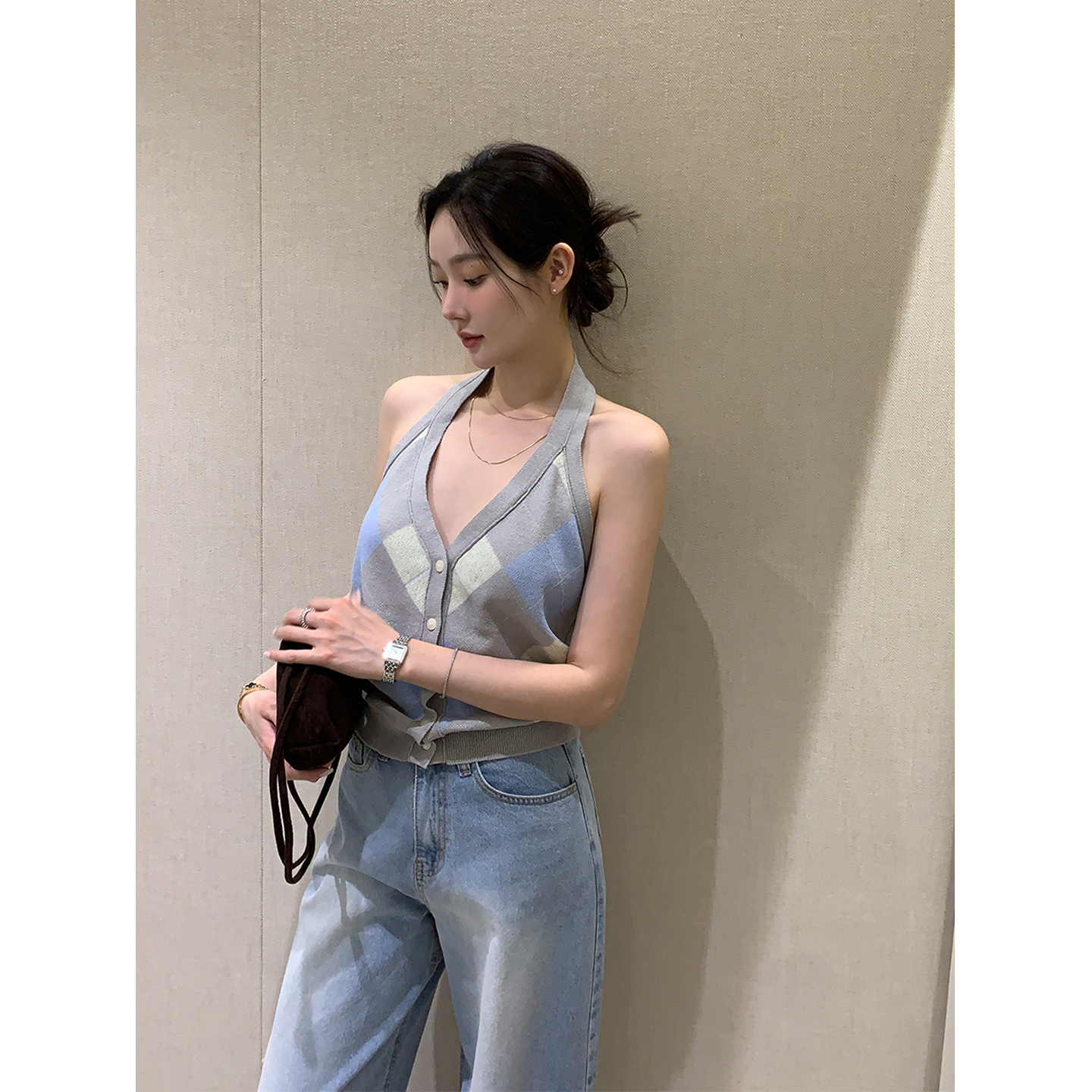 鬼鬼家正品韩代东大门 撞色菱格针织挂脖吊带小心机露背无袖上衣
