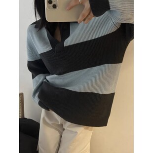 少量现货正品韩代东大门自留雾霾蓝撞色条纹翻领羊毛宽松针织毛衣