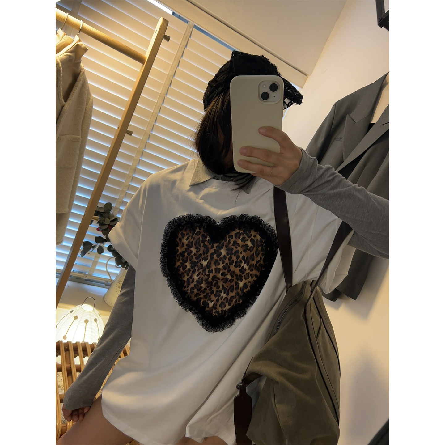 鬼鬼家正品韩代东大门秋冬 爱心豹纹花边拼接圆领休闲宽松短袖T恤