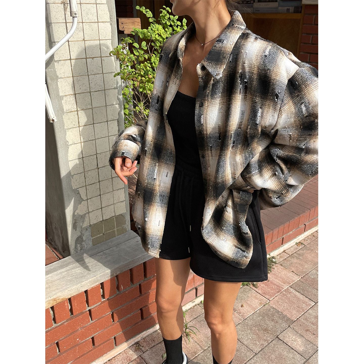 鬼鬼家正品韩代东大门秋冬 时髦做旧风撞色格纹翻领长袖百搭衬衫