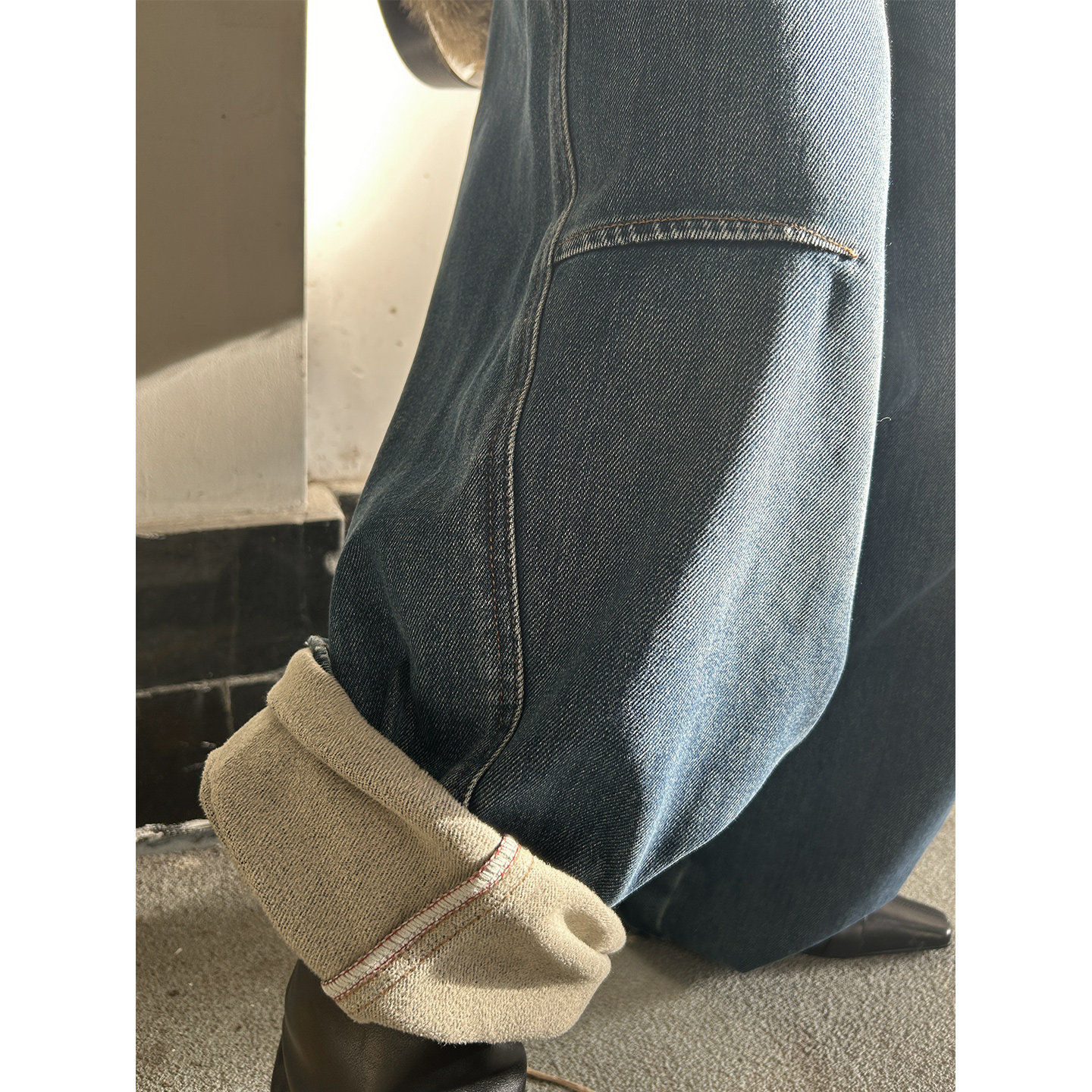 鬼鬼家正品韩代东大门秋冬 复古高腰阔腿显瘦加绒牛仔裤拖地长裤