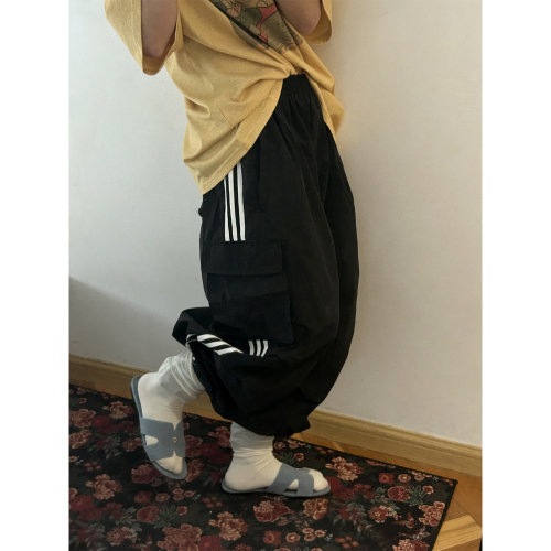 部分现货正品韩代东大门美式条纹裤脚抽绳工装裤大码阔腿休闲长裤