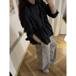 鬼鬼家正品韩代东大门春 甜美小众双层荷叶边下摆长袖单排扣衬衫