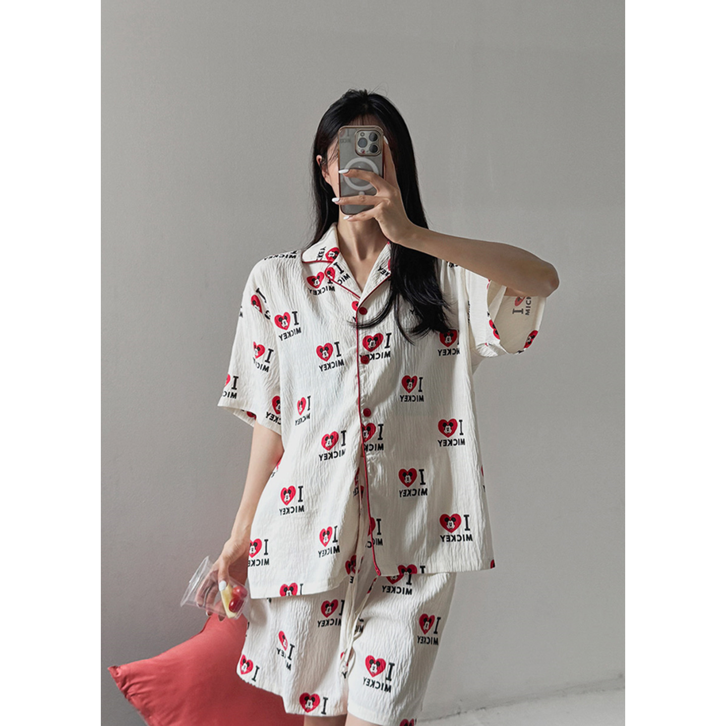 鬼鬼家正品韩代东大门 25夏girl时尚印花爱心图案家居睡衣套装女