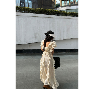 部分现货正品 仙女裙重工V领侧系带长裙荷叶边连衣裙棉 韩代东大门