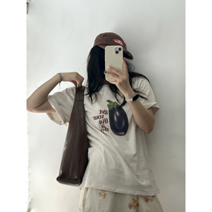 鬼鬼家正品韩代东大门夏 宽松舒适减龄茄子字母印花圆领短袖T恤