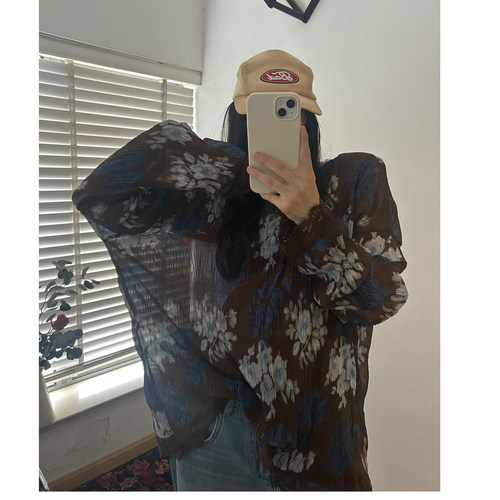 鬼鬼家正品韩代东大门 夏复古印花别致褶皱宽松蕾丝拼接衬衫上衣