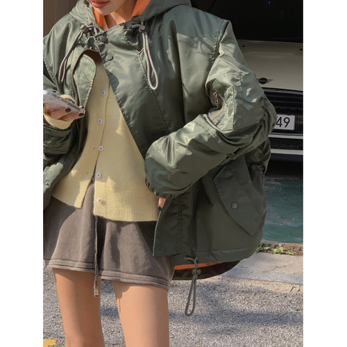 鬼鬼家正品韩代东大门秋冬 廓形宽松飞行员连帽夹克休闲短款外套