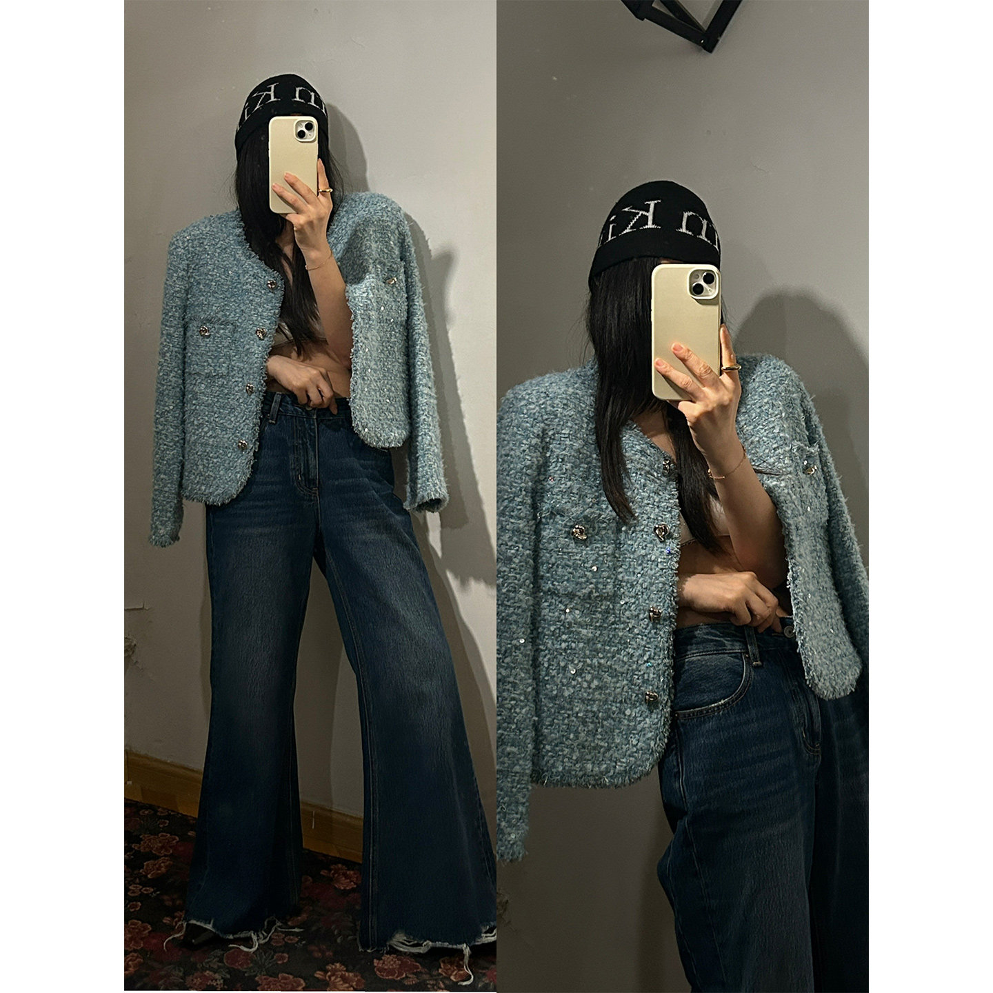 鬼鬼家正品韩代东大门秋冬 轻奢蓝调时刻银扣子粗花呢香香外套图片