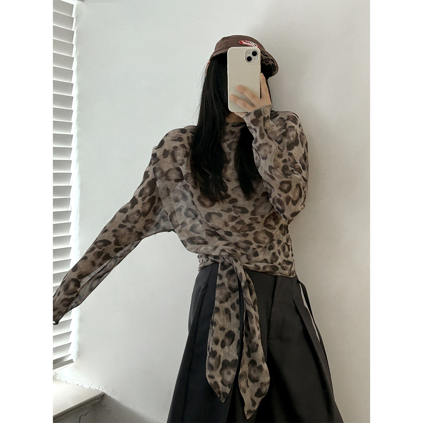 鬼鬼家正品韩代东大门 松弛feel豹纹一字领收腰系带防晒轻薄小衫