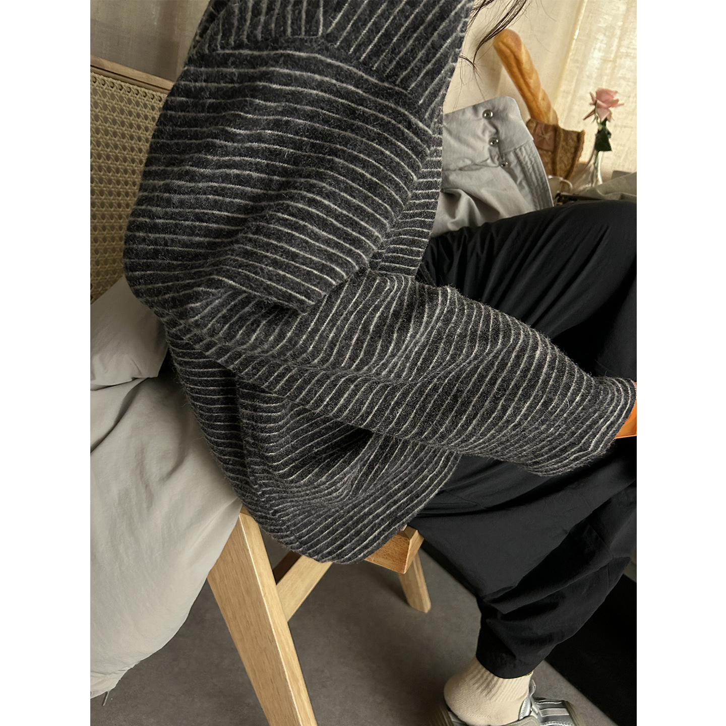 鬼鬼家正品韩代东大门秋冬 软绵绵绒感亲肤宽松休闲条纹加厚上衣