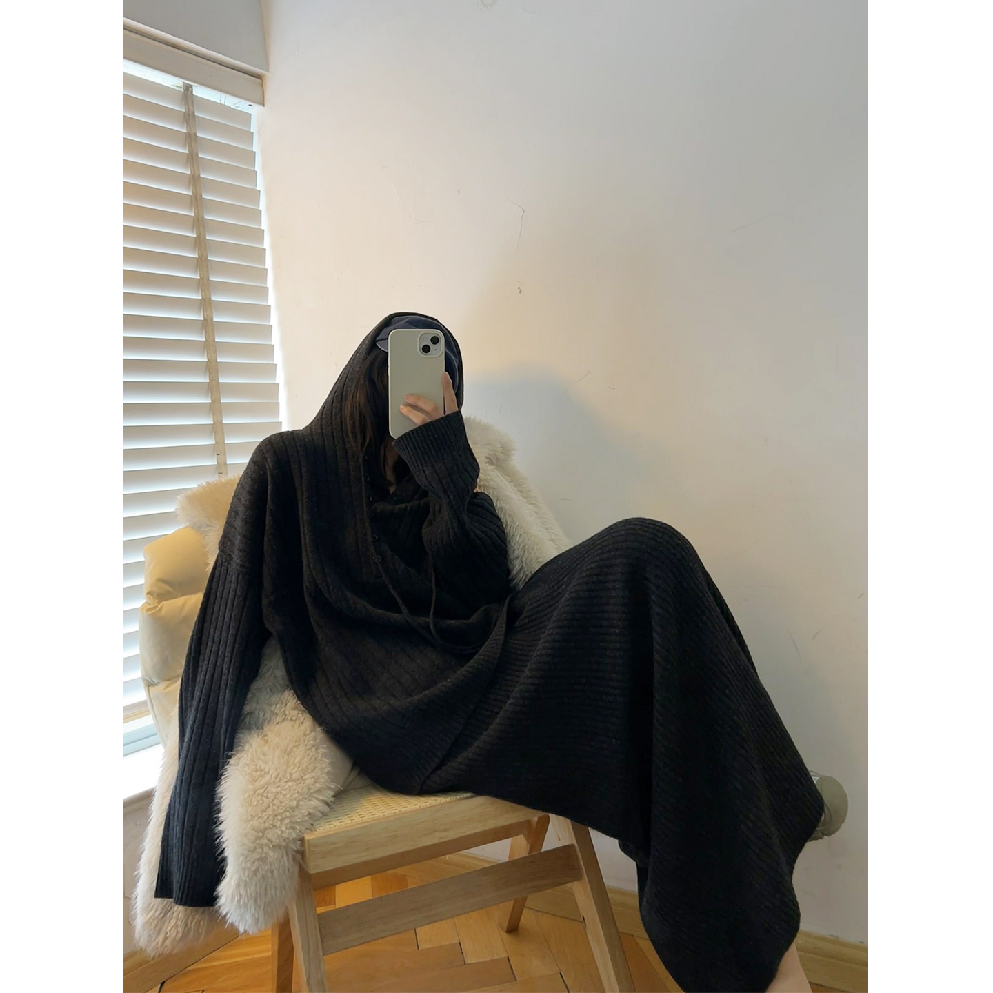 部分现货正品韩代东大门SNOW留巨美保暖羊毛连帽毛衣松紧腰针织裙