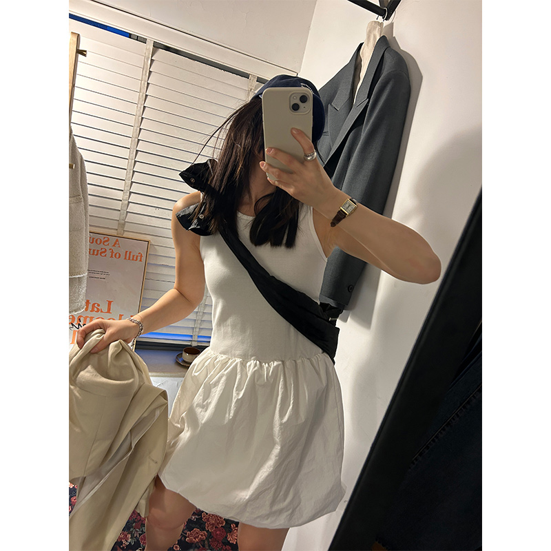 鬼鬼家 正品韩代东大门少女感拼接弹力工字背心连衣裙纯色法式夏