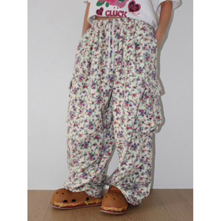 鬼鬼家正品韩代东大门春 复古碎花裤脚抽绳抓绒阔腿裤休闲长裤女