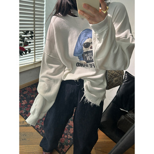 部分现货 韩代东大门 韩女穿搭划破毛边墨镜女孩宽松毛圈卫衣