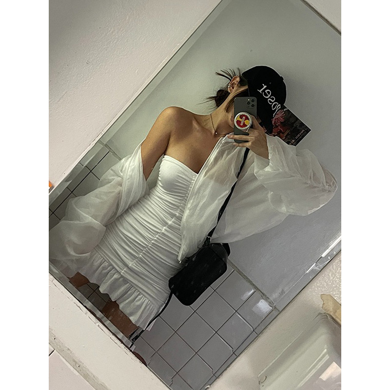 鬼鬼家正品韩代东大门 25夏辣妹紧身荷叶边抹胸连衣裙性感包臀裙