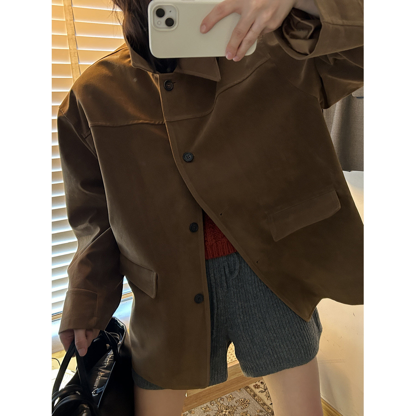 少量现货 韩代东大门秋冬 时尚老钱中古风宽松绒面革单排扣外套