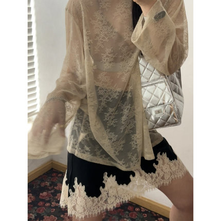 鬼鬼家正品韩代东大门夏 美的冒泡~温柔法式软蕾丝衫长袖宽松温油