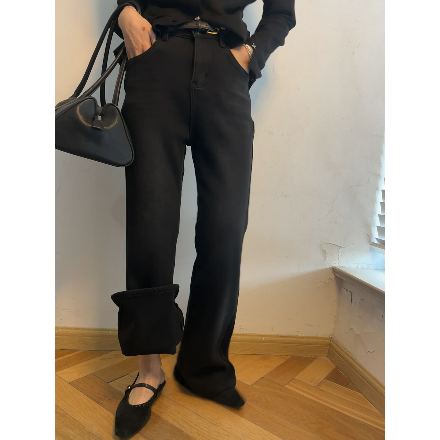 鬼鬼家正品韩代东大门秋冬 梨形天菜！加绒微喇显瘦牛仔裤长裤女