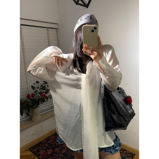 鬼鬼家 韩代东大门秋冬韩女氛围感轻薄微透飘领系带长袖衬衫