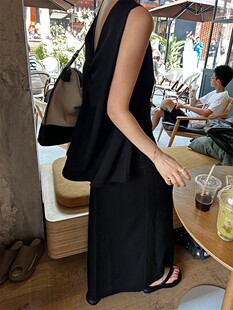 少量现货 扭结露背醋酸材质上衣高腰毛边半身长裙 东大门韩代 法式
