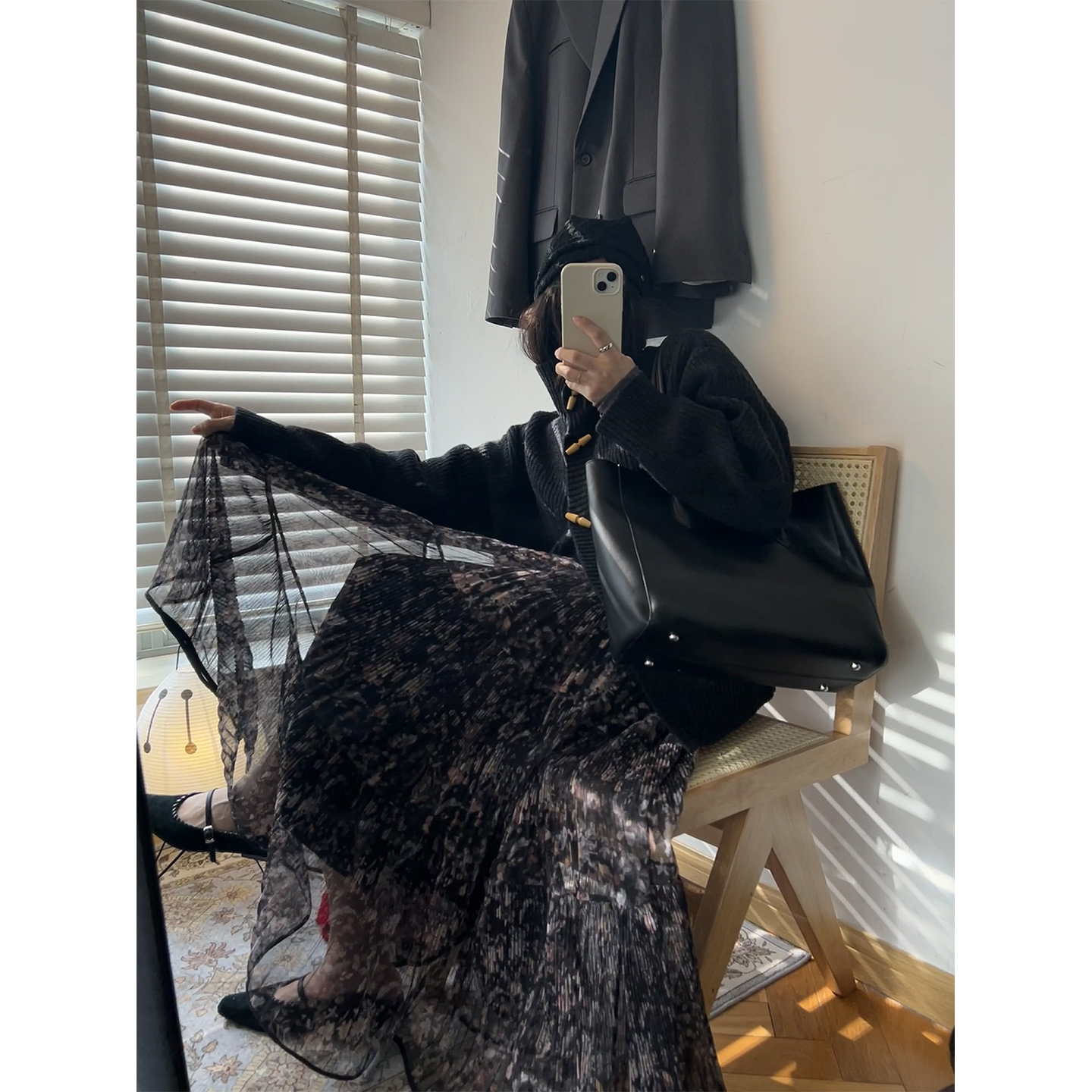 鬼鬼家 正品韩代东大门 超爱炒大裙摆包边松紧腰雪纺印花长半身裙