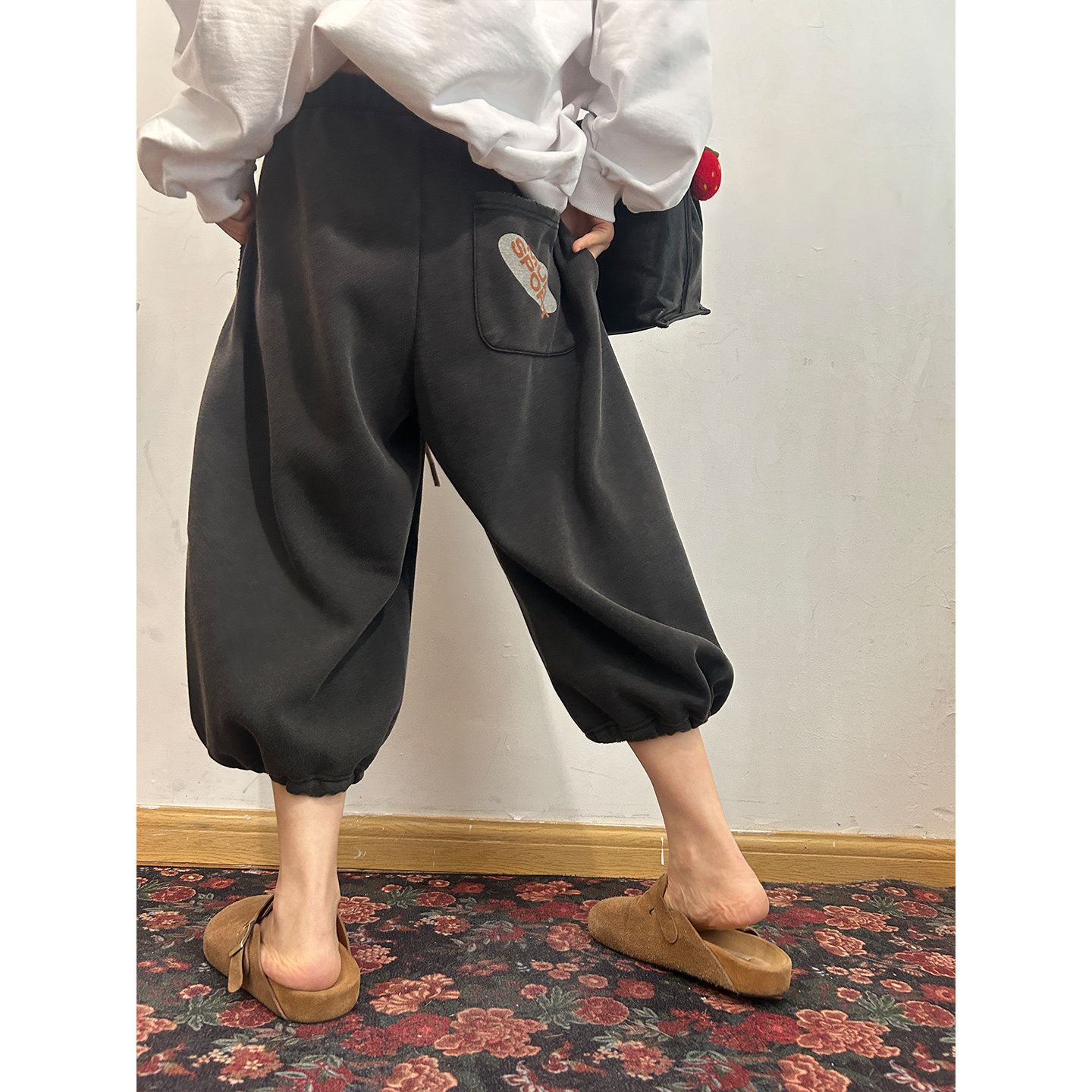 鬼鬼家正品韩代东大门 柔软水洗棉做旧印花抽带工装7分卫裤加绒