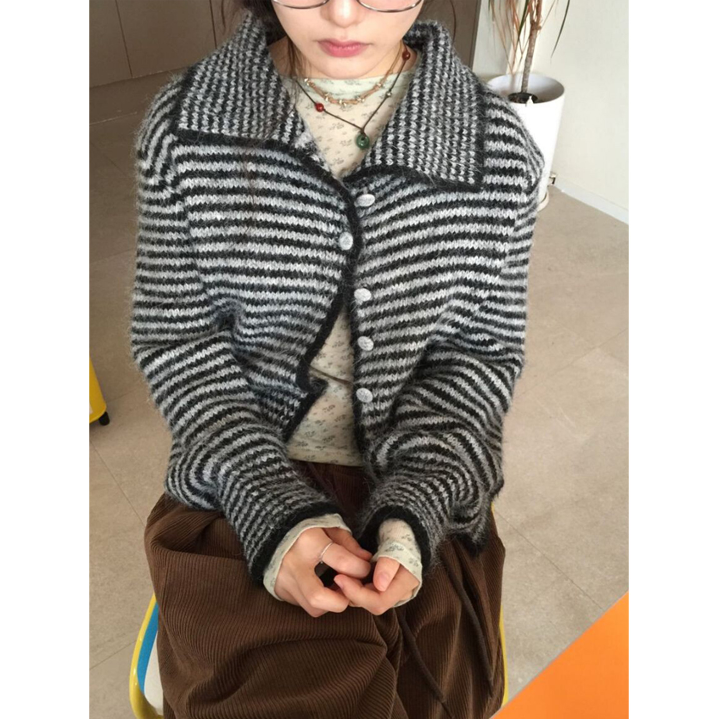 鬼鬼家正品韩代东大门秋冬 条纹撞色气质翻领休闲针织开衫毛衣女