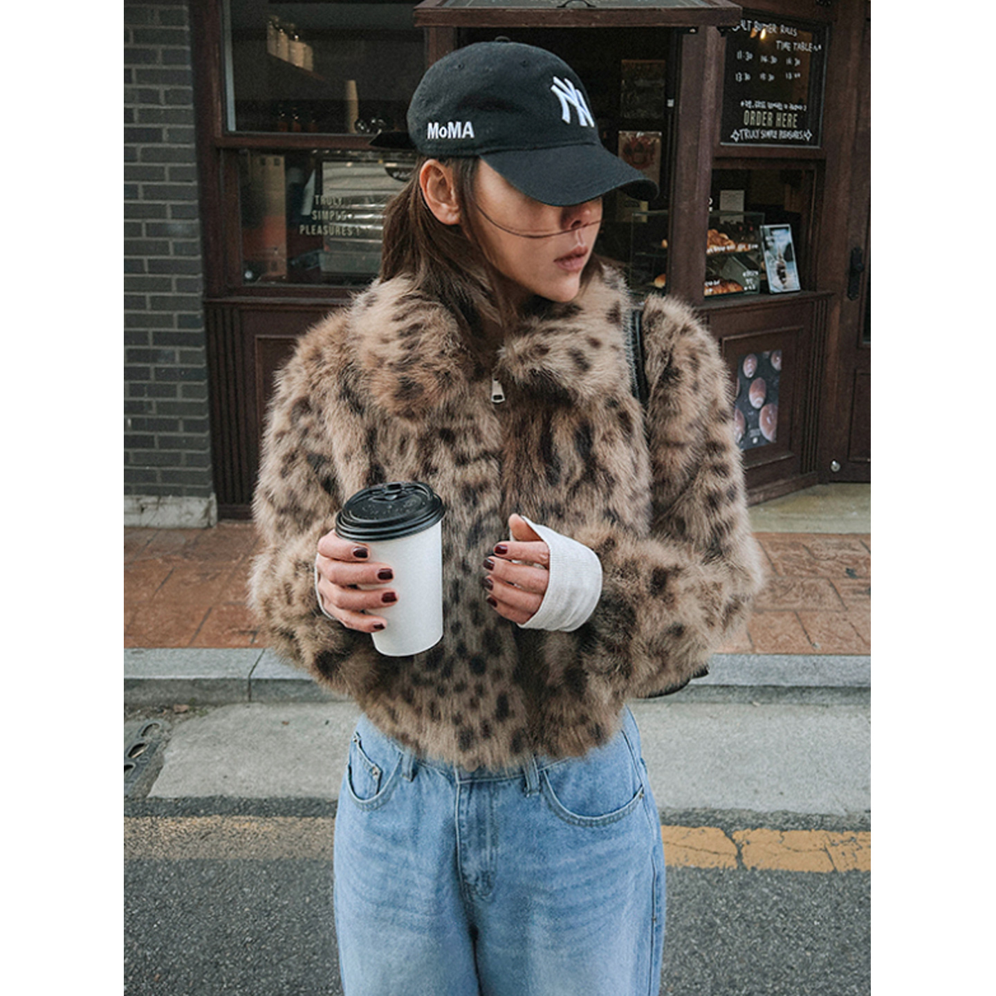 鬼鬼家正品韩代东大门秋冬 时髦百搭豹纹翻领长袖拉链短款外套