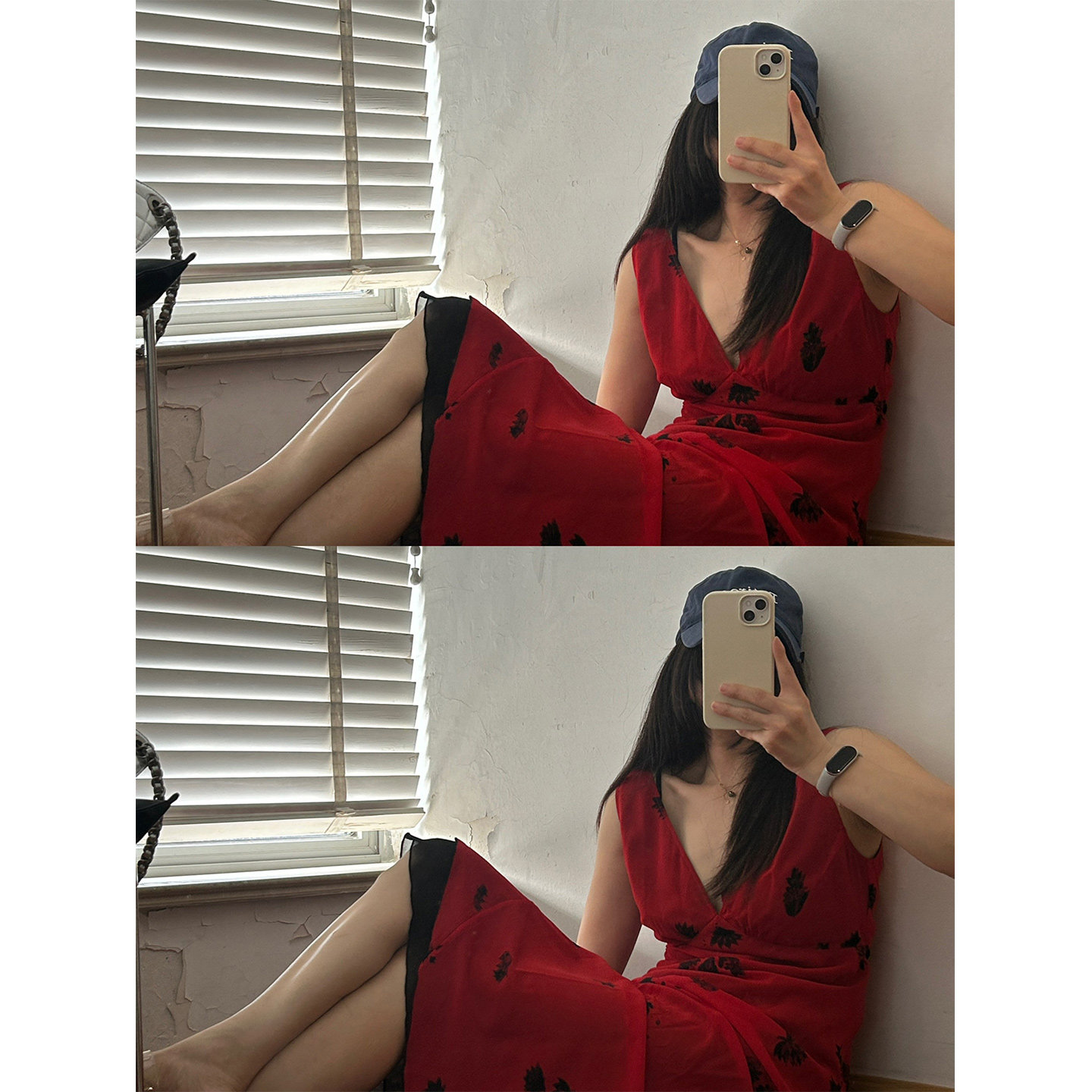鬼鬼家正品韩代东大门夏 法式真丝深V领女神红印花斜裁系带连衣裙