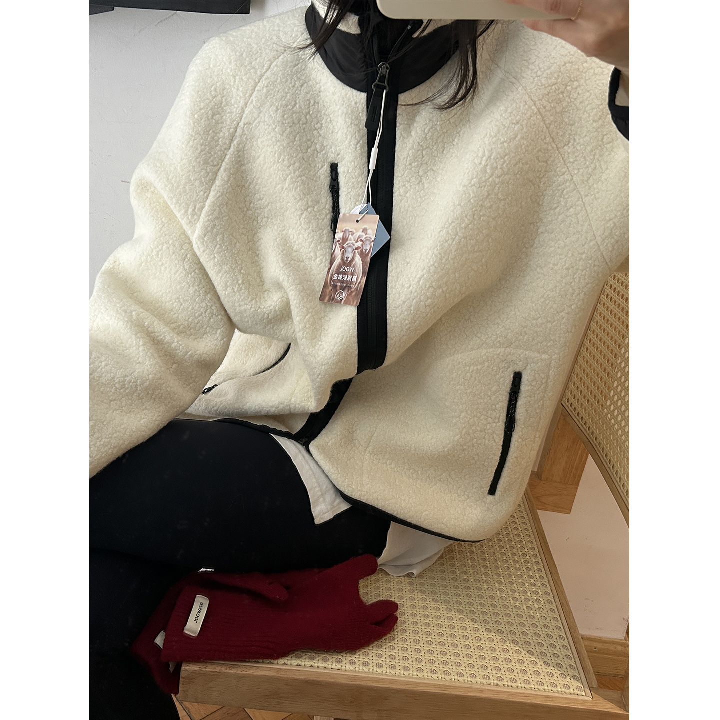 鬼鬼家正品韩代东大门秋冬 撞色减龄绵羊毛保暖立领拉链外套上衣