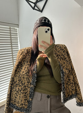 鬼鬼家正品韩代东大门秋 精致小香香豹纹粗花呢毛边滚边短款外套
