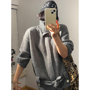 部分现货韩代东大门秋冬纯色立领宽松系带收腰毛衣开衫外套女