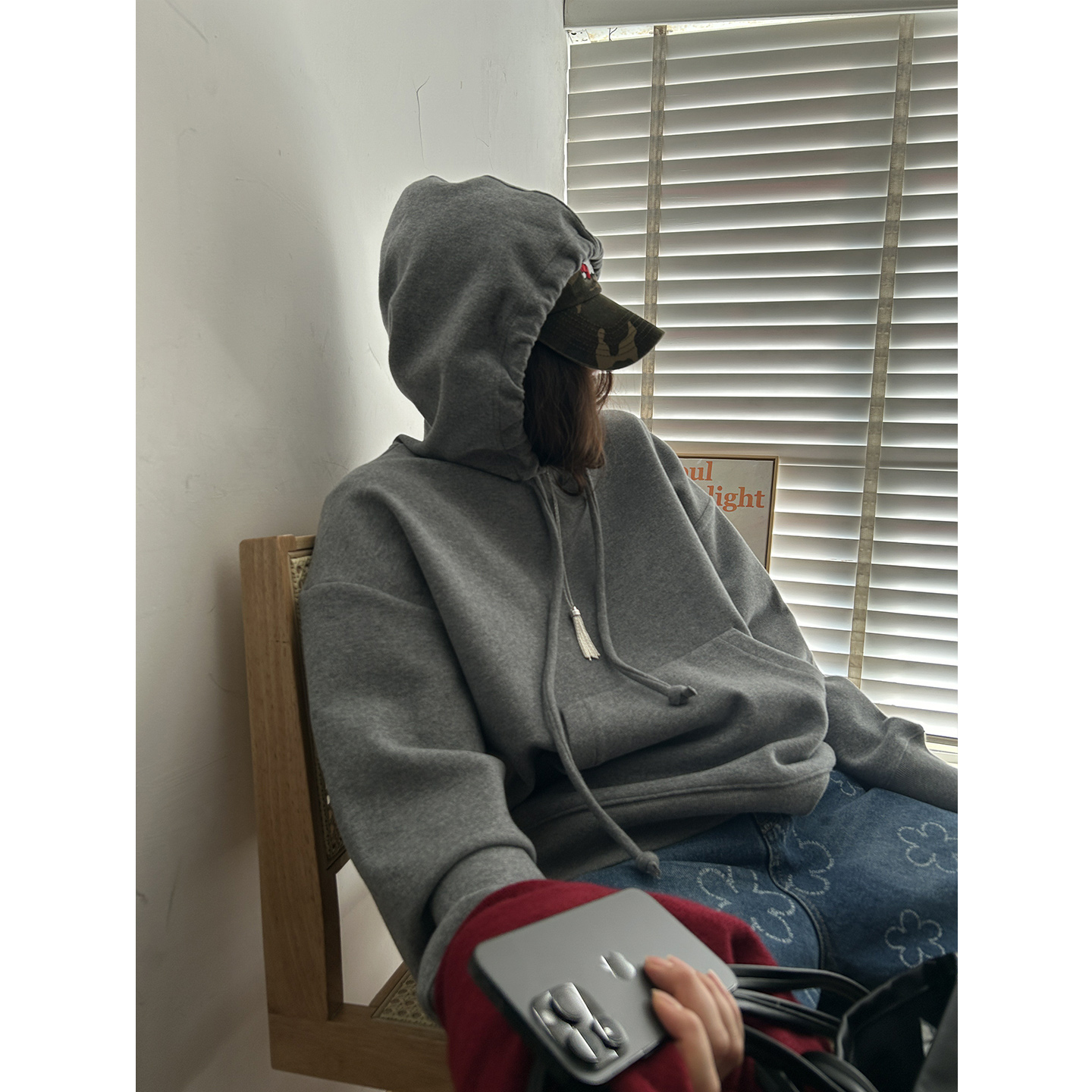 W鬼鬼家正品韩代东大门秋冬 宽松慵懒风灰色抽绳连帽长袖套头卫衣