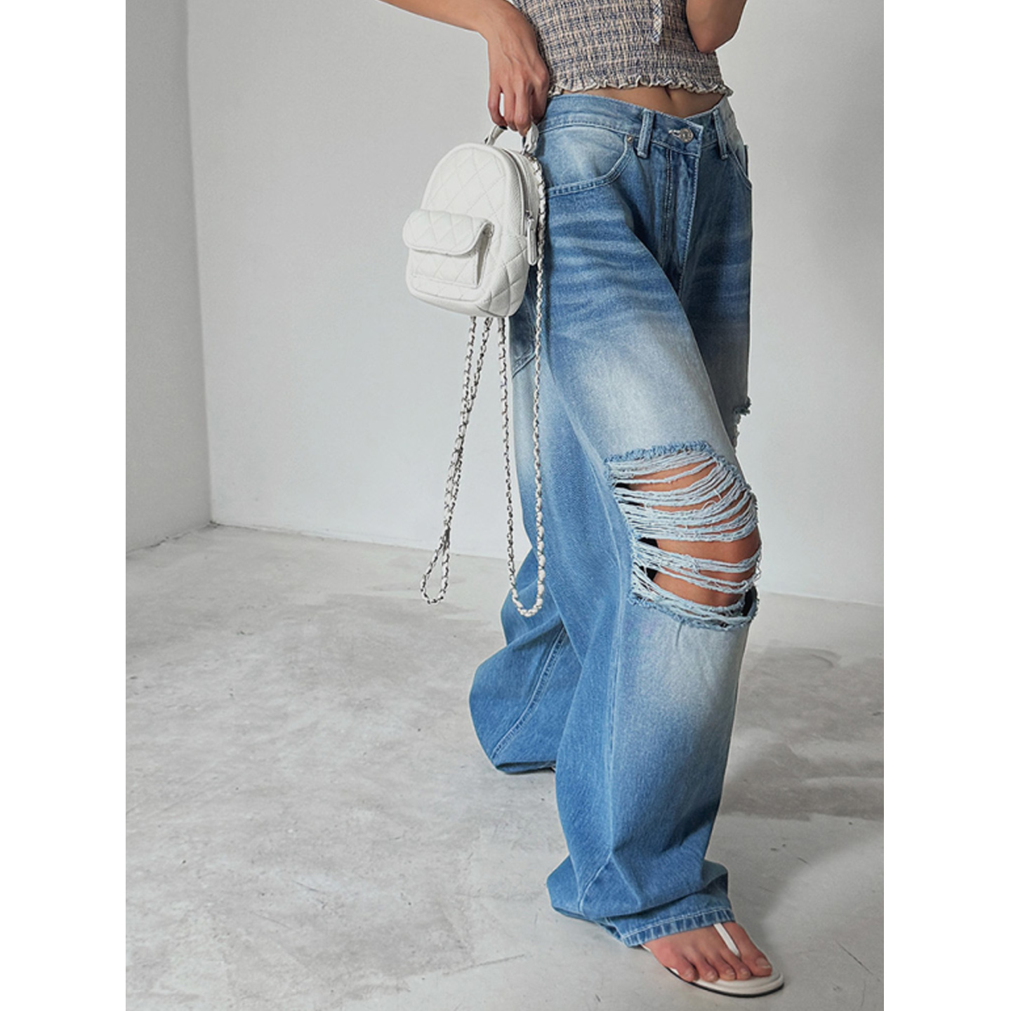 少量现货正品韩代东大门夏girl水洗磨白拉丝破洞牛仔拖地阔腿长裤