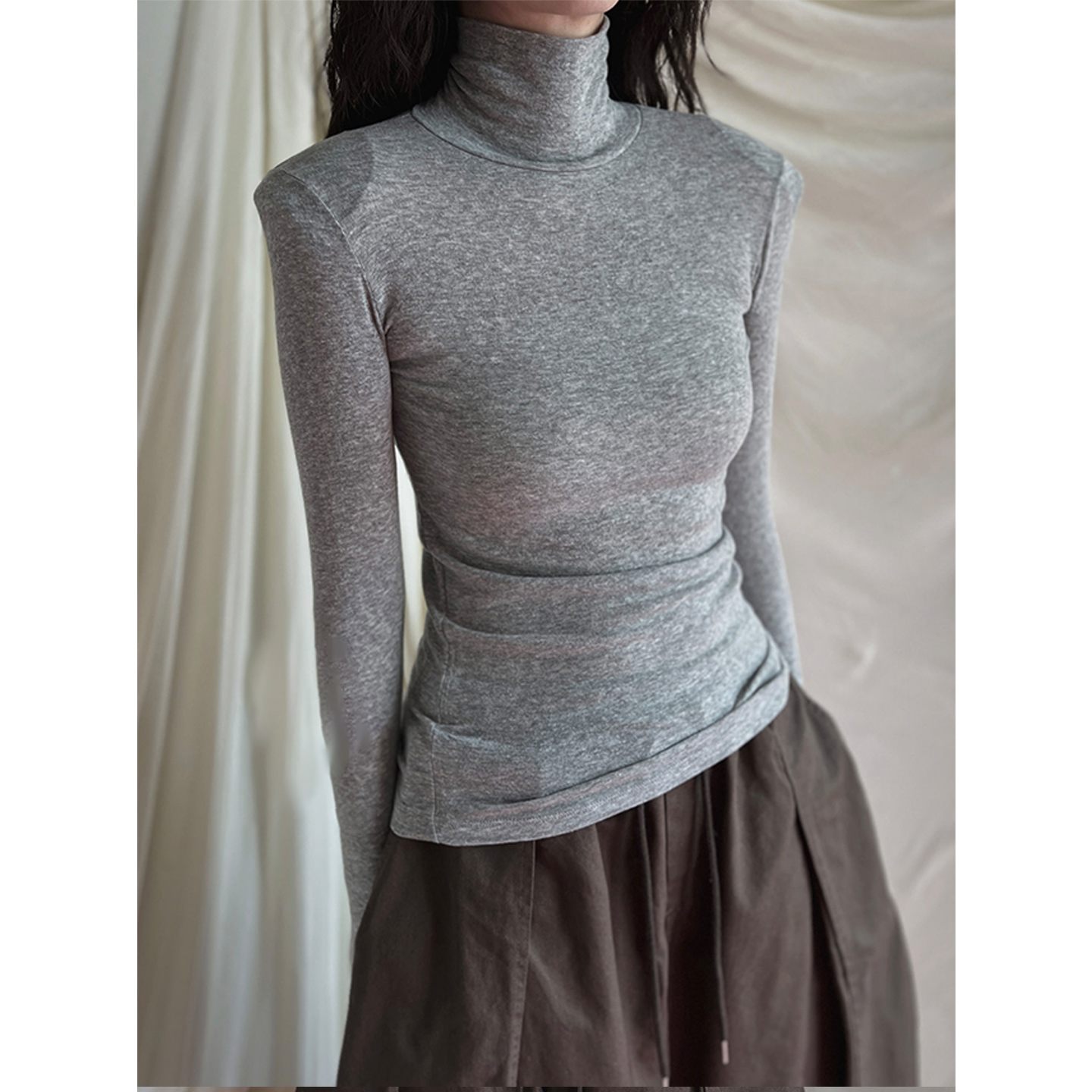 鬼鬼家正品韩代东大门秋冬  简约百搭紧身高领含垫肩长袖打底T恤