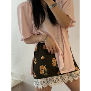 鬼鬼家 韩代东大门夏法式俏皮碎花蕾丝花边防走光半身裙短裙