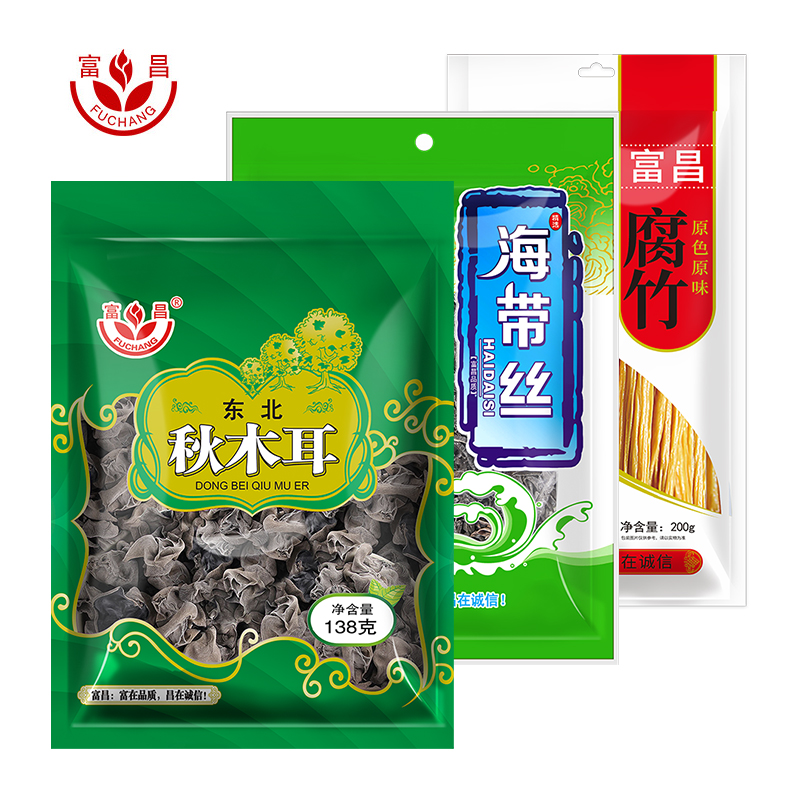 富昌腐竹豆皮干豆腐皮凉拌东北黑木耳海带丝水产干货套装538g