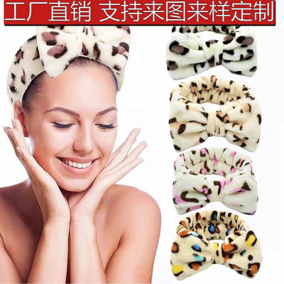 欧美豹纹蝴蝶结发带法兰绒束发带女洗脸化妆头巾发箍hairband